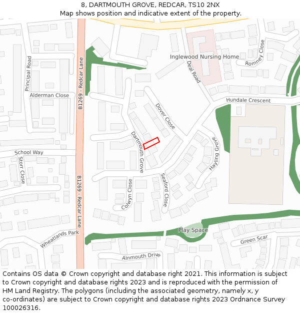 8, DARTMOUTH GROVE, REDCAR, TS10 2NX: Location map and indicative extent of plot