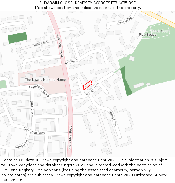 8, DARWIN CLOSE, KEMPSEY, WORCESTER, WR5 3SD: Location map and indicative extent of plot