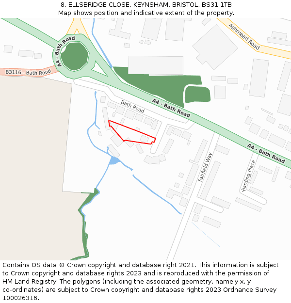 8, ELLSBRIDGE CLOSE, KEYNSHAM, BRISTOL, BS31 1TB: Location map and indicative extent of plot