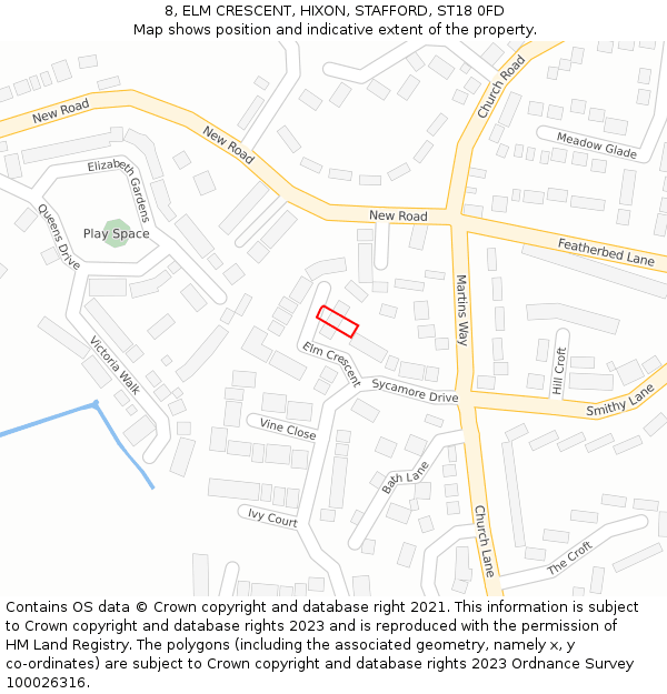 8, ELM CRESCENT, HIXON, STAFFORD, ST18 0FD: Location map and indicative extent of plot