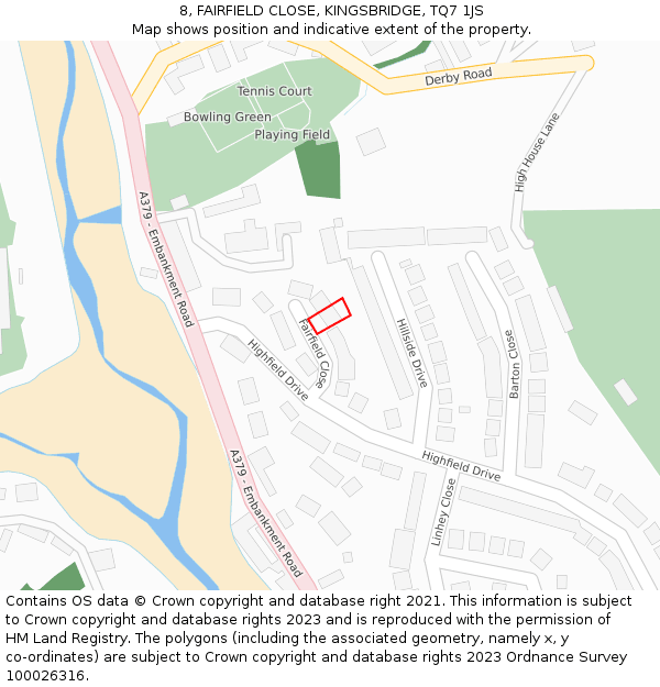 8, FAIRFIELD CLOSE, KINGSBRIDGE, TQ7 1JS: Location map and indicative extent of plot