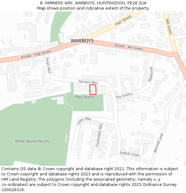 8, FARRIERS WAY, WARBOYS, HUNTINGDON, PE28 2LW: Location map and indicative extent of plot