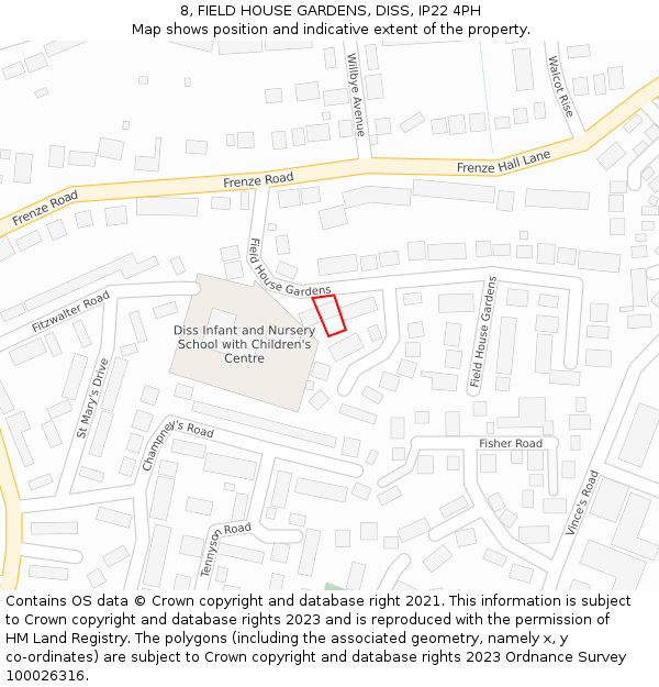 8, FIELD HOUSE GARDENS, DISS, IP22 4PH: Location map and indicative extent of plot