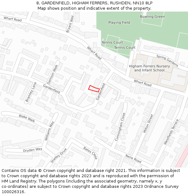 8, GARDENFIELD, HIGHAM FERRERS, RUSHDEN, NN10 8LP: Location map and indicative extent of plot