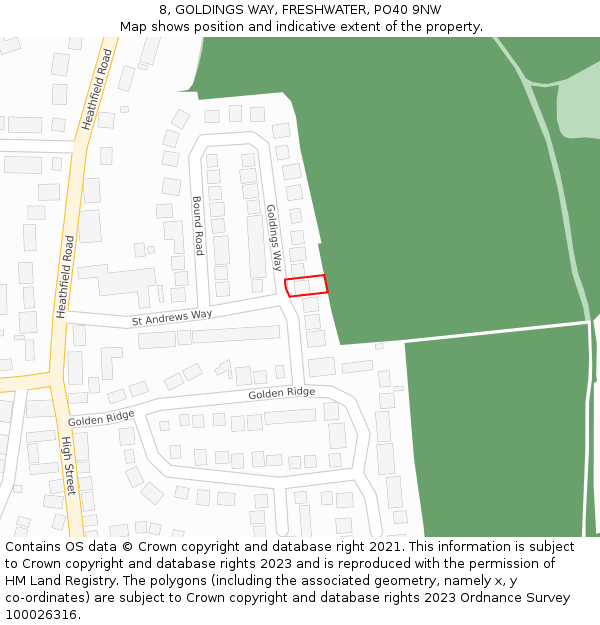 8, GOLDINGS WAY, FRESHWATER, PO40 9NW: Location map and indicative extent of plot