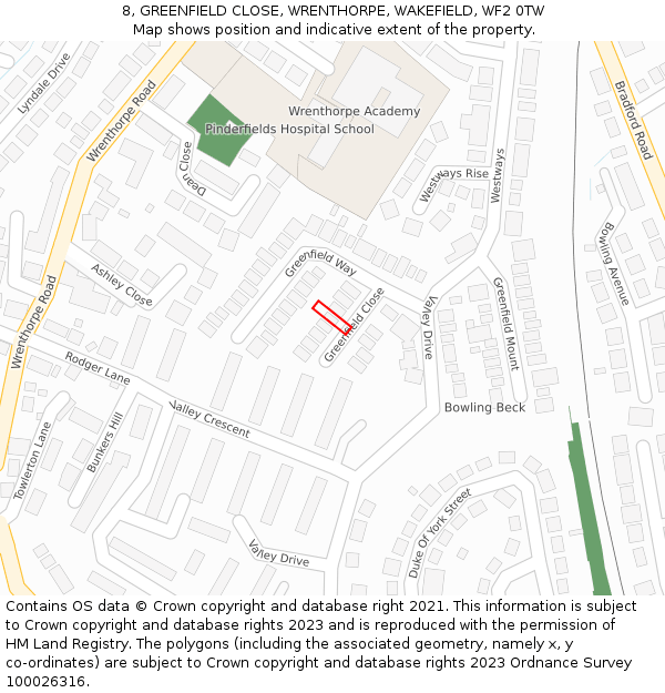 8, GREENFIELD CLOSE, WRENTHORPE, WAKEFIELD, WF2 0TW: Location map and indicative extent of plot