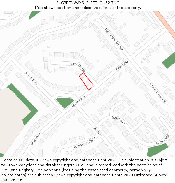 8, GREENWAYS, FLEET, GU52 7UG: Location map and indicative extent of plot