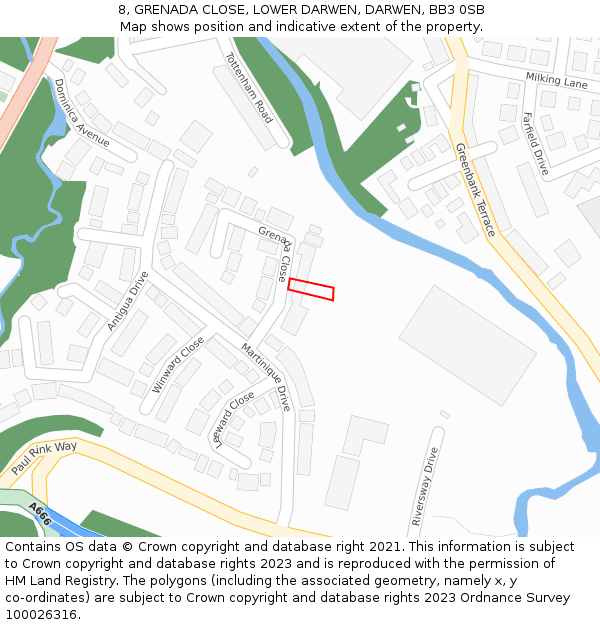 8, GRENADA CLOSE, LOWER DARWEN, DARWEN, BB3 0SB: Location map and indicative extent of plot