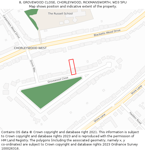 8, GROVEWOOD CLOSE, CHORLEYWOOD, RICKMANSWORTH, WD3 5PU: Location map and indicative extent of plot