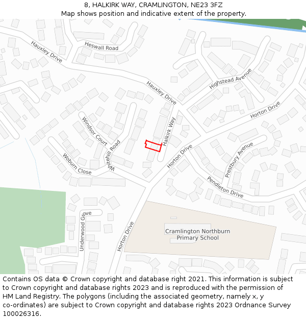 8, HALKIRK WAY, CRAMLINGTON, NE23 3FZ: Location map and indicative extent of plot