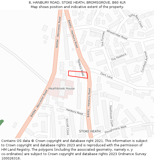 8, HANBURY ROAD, STOKE HEATH, BROMSGROVE, B60 4LR: Location map and indicative extent of plot