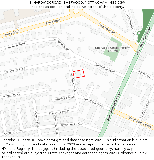 8, HARDWICK ROAD, SHERWOOD, NOTTINGHAM, NG5 2GW: Location map and indicative extent of plot