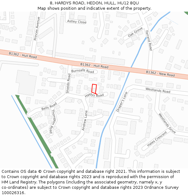 8, HARDYS ROAD, HEDON, HULL, HU12 8QU: Location map and indicative extent of plot