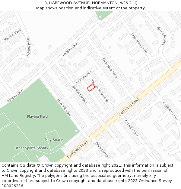 8, HAREWOOD AVENUE, NORMANTON, WF6 2HQ: Location map and indicative extent of plot