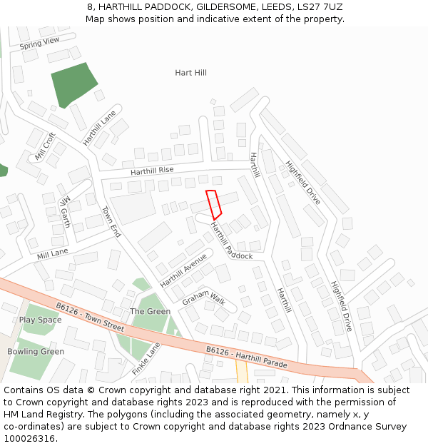 8, HARTHILL PADDOCK, GILDERSOME, LEEDS, LS27 7UZ: Location map and indicative extent of plot