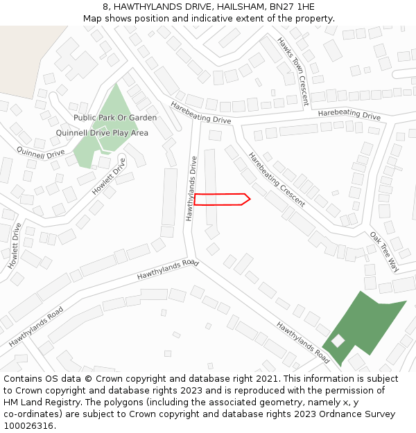 8, HAWTHYLANDS DRIVE, HAILSHAM, BN27 1HE: Location map and indicative extent of plot