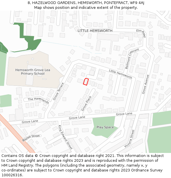 8, HAZELWOOD GARDENS, HEMSWORTH, PONTEFRACT, WF9 4AJ: Location map and indicative extent of plot