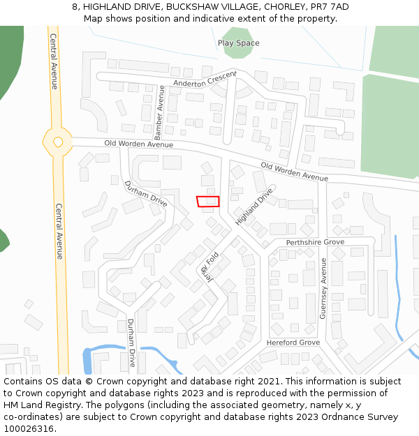 8, HIGHLAND DRIVE, BUCKSHAW VILLAGE, CHORLEY, PR7 7AD: Location map and indicative extent of plot