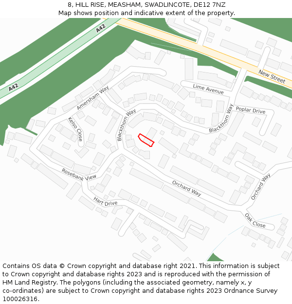 8, HILL RISE, MEASHAM, SWADLINCOTE, DE12 7NZ: Location map and indicative extent of plot