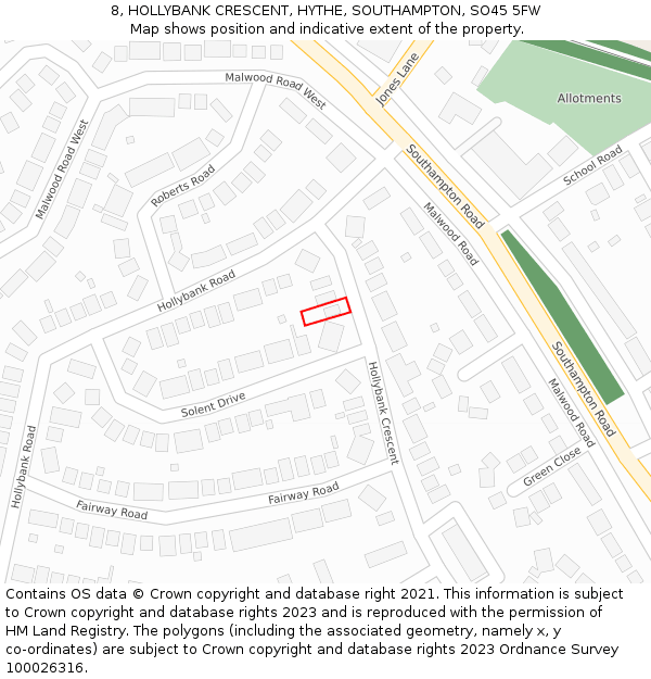 8, HOLLYBANK CRESCENT, HYTHE, SOUTHAMPTON, SO45 5FW: Location map and indicative extent of plot