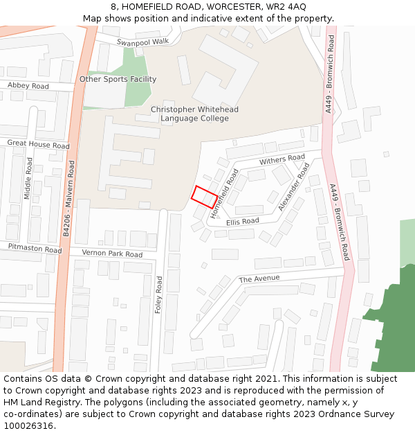 8, HOMEFIELD ROAD, WORCESTER, WR2 4AQ: Location map and indicative extent of plot