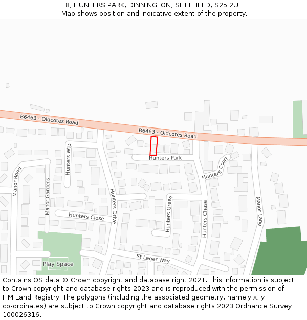 8, HUNTERS PARK, DINNINGTON, SHEFFIELD, S25 2UE: Location map and indicative extent of plot