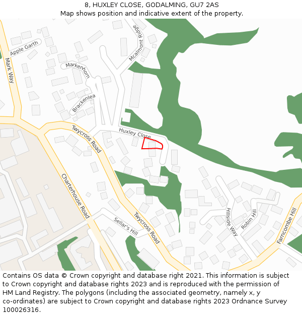 8, HUXLEY CLOSE, GODALMING, GU7 2AS: Location map and indicative extent of plot