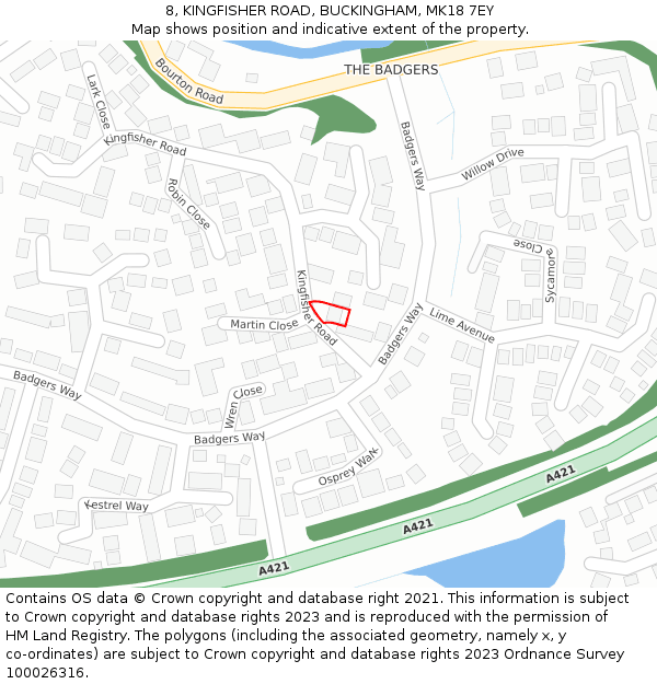 8, KINGFISHER ROAD, BUCKINGHAM, MK18 7EY: Location map and indicative extent of plot