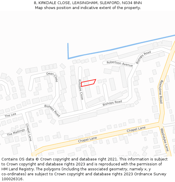 8, KIRKDALE CLOSE, LEASINGHAM, SLEAFORD, NG34 8NN: Location map and indicative extent of plot