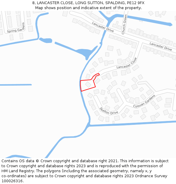 8, LANCASTER CLOSE, LONG SUTTON, SPALDING, PE12 9FX: Location map and indicative extent of plot