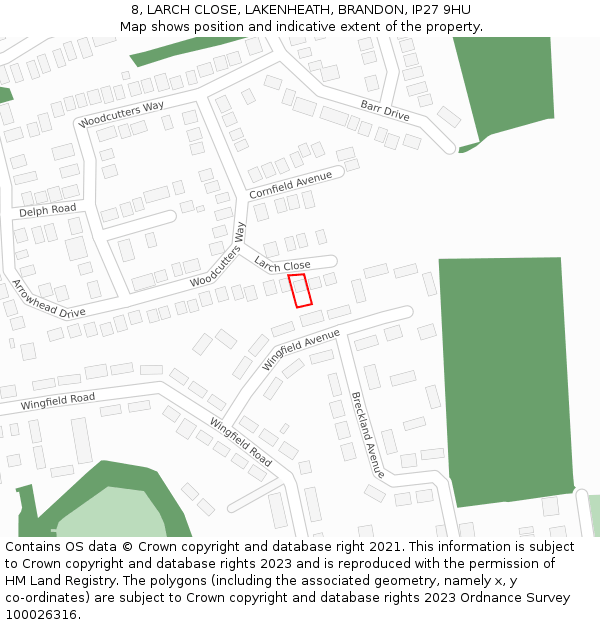 8, LARCH CLOSE, LAKENHEATH, BRANDON, IP27 9HU: Location map and indicative extent of plot