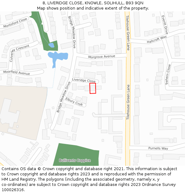 8, LIVERIDGE CLOSE, KNOWLE, SOLIHULL, B93 9QN: Location map and indicative extent of plot