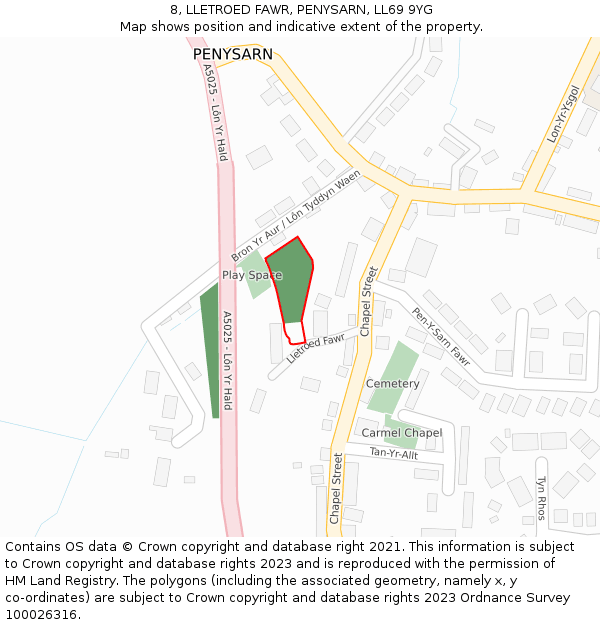 8, LLETROED FAWR, PENYSARN, LL69 9YG: Location map and indicative extent of plot