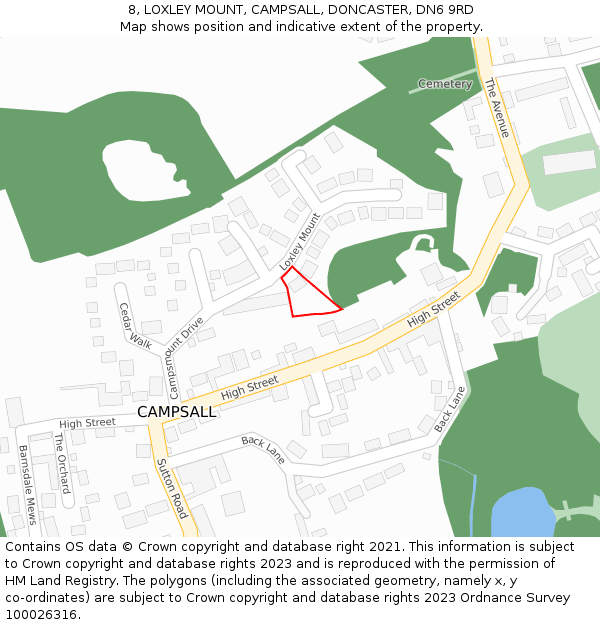 8, LOXLEY MOUNT, CAMPSALL, DONCASTER, DN6 9RD: Location map and indicative extent of plot