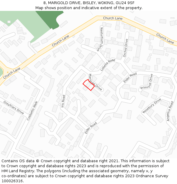 8, MARIGOLD DRIVE, BISLEY, WOKING, GU24 9SF: Location map and indicative extent of plot