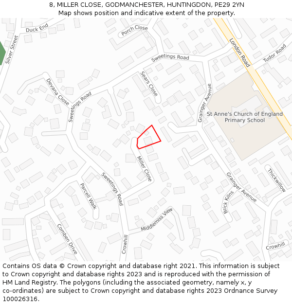 8, MILLER CLOSE, GODMANCHESTER, HUNTINGDON, PE29 2YN: Location map and indicative extent of plot