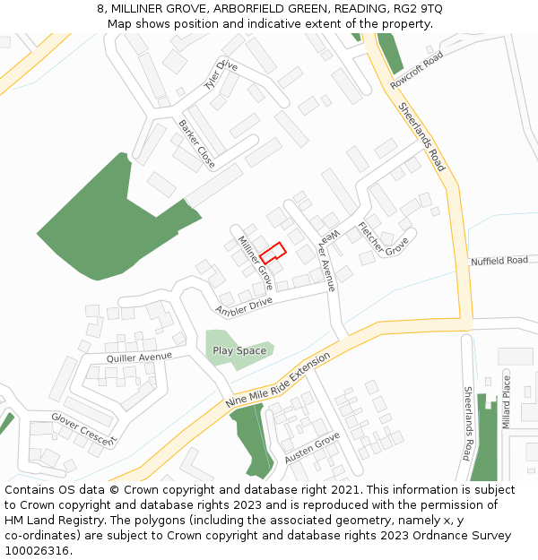 8, MILLINER GROVE, ARBORFIELD GREEN, READING, RG2 9TQ: Location map and indicative extent of plot