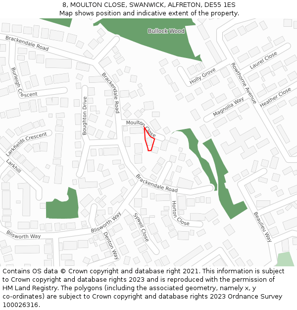 8, MOULTON CLOSE, SWANWICK, ALFRETON, DE55 1ES: Location map and indicative extent of plot