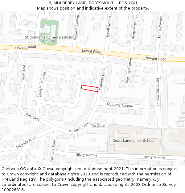 8, MULBERRY LANE, PORTSMOUTH, PO6 2QU: Location map and indicative extent of plot