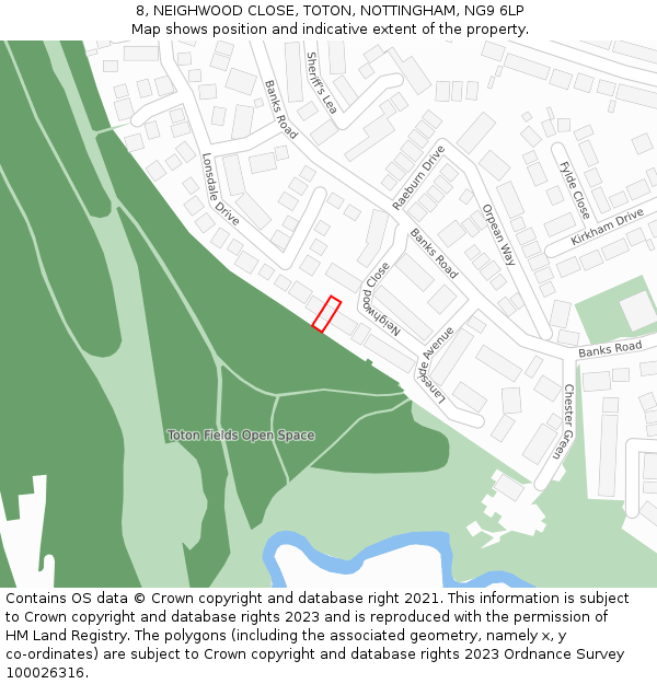 8, NEIGHWOOD CLOSE, TOTON, NOTTINGHAM, NG9 6LP: Location map and indicative extent of plot