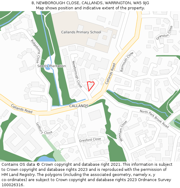 8, NEWBOROUGH CLOSE, CALLANDS, WARRINGTON, WA5 9JG: Location map and indicative extent of plot