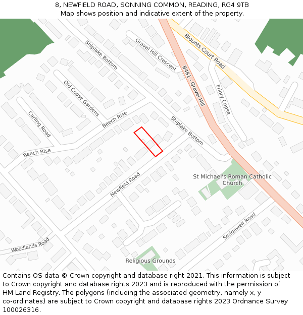 8, NEWFIELD ROAD, SONNING COMMON, READING, RG4 9TB: Location map and indicative extent of plot