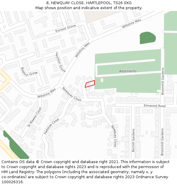 8, NEWQUAY CLOSE, HARTLEPOOL, TS26 0XG: Location map and indicative extent of plot