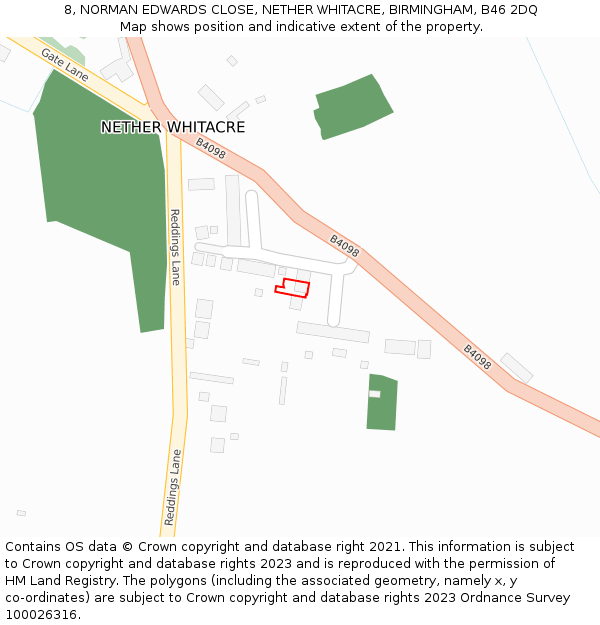 8, NORMAN EDWARDS CLOSE, NETHER WHITACRE, BIRMINGHAM, B46 2DQ: Location map and indicative extent of plot