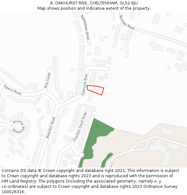 8, OAKHURST RISE, CHELTENHAM, GL52 6JU: Location map and indicative extent of plot