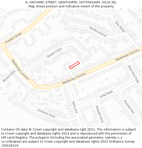 8, ORCHARD STREET, NEWTHORPE, NOTTINGHAM, NG16 2EL: Location map and indicative extent of plot