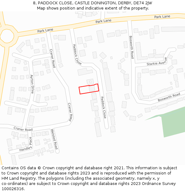 8, PADDOCK CLOSE, CASTLE DONINGTON, DERBY, DE74 2JW: Location map and indicative extent of plot