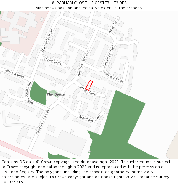 8, PARHAM CLOSE, LEICESTER, LE3 9ER: Location map and indicative extent of plot