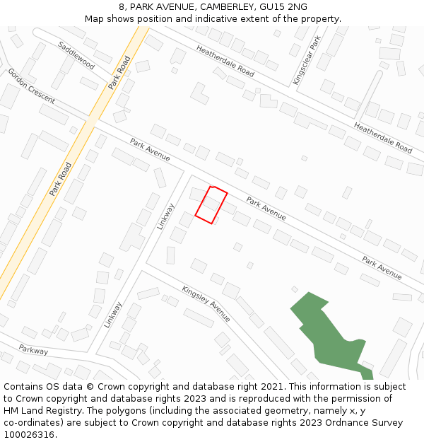 8, PARK AVENUE, CAMBERLEY, GU15 2NG: Location map and indicative extent of plot