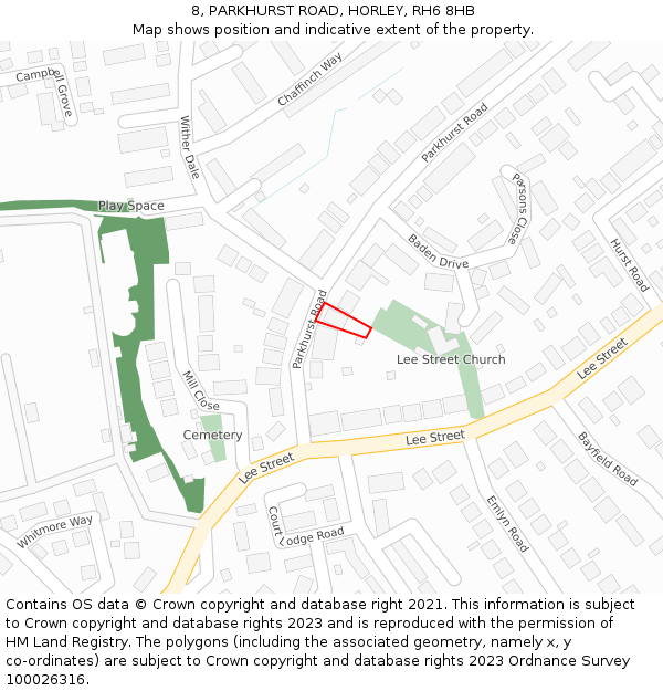 8, PARKHURST ROAD, HORLEY, RH6 8HB: Location map and indicative extent of plot